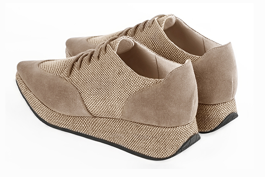 Tan beige women's casual lace-up shoes. Pointed toe. Low wedge soles. Rear view - Florence KOOIJMAN